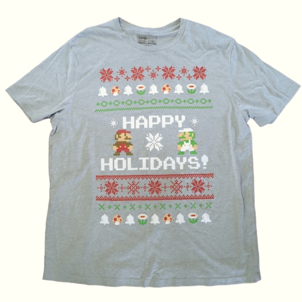 🌹3/15🌹SUPER MARIO BROS Grey Happy Holidays Graphic Short Sleeve Tee Shirt